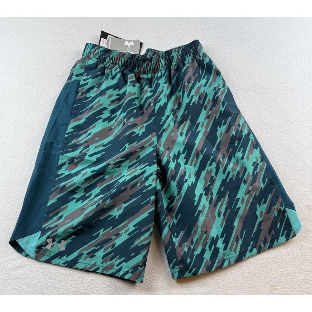 Under Armour Heat Gear Green Printed Woven Shorts Youth Loose Fit Large Sz